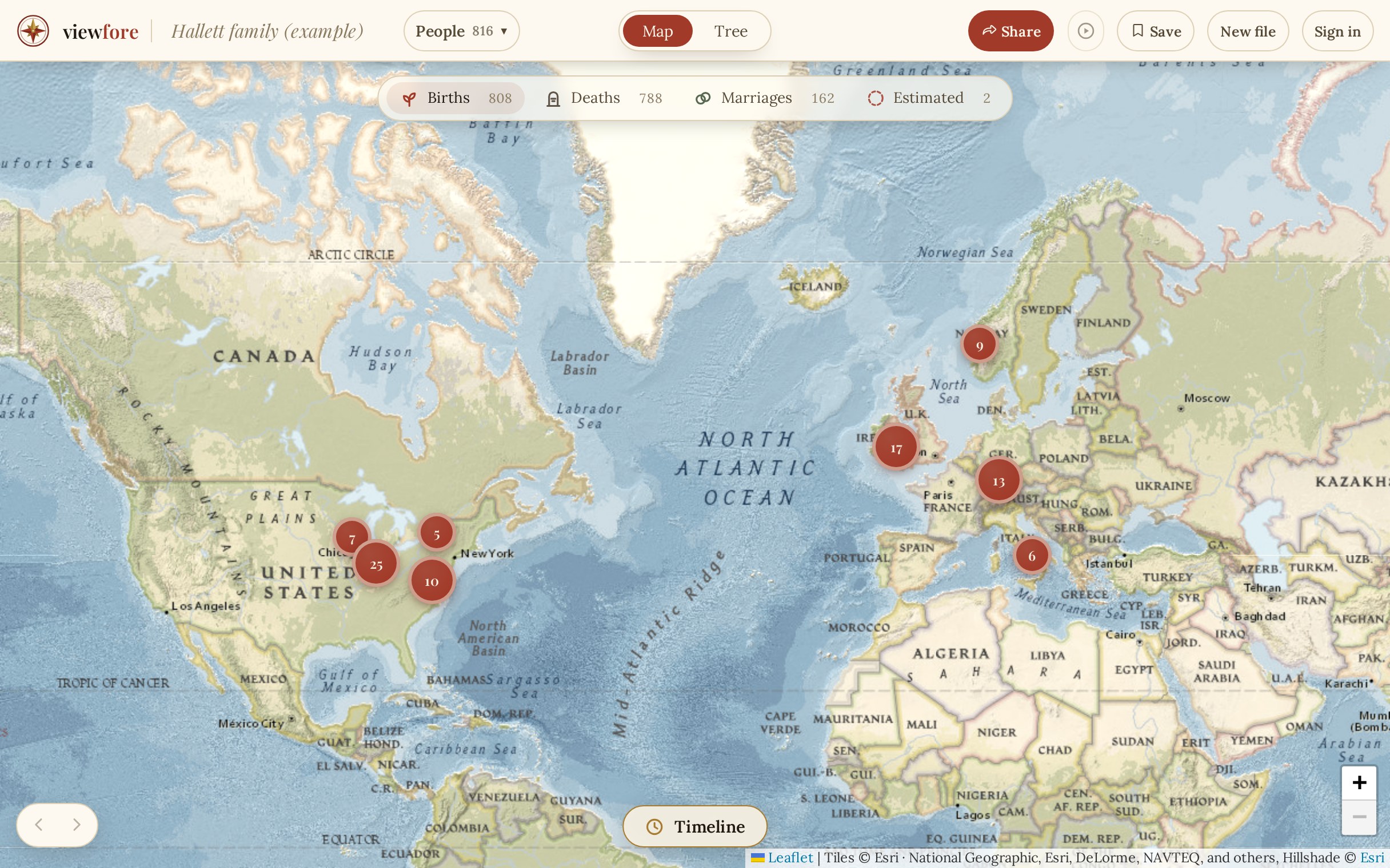 The origins map: every birthplace in the example tree pinned and clustered across Europe and North America